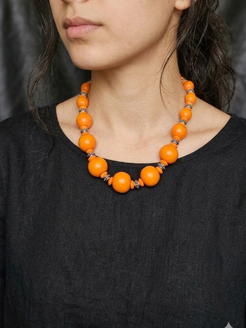 Bright Orange Beaded Statement Necklace Wooden Beads Silvertone 11 Inch Long EUC